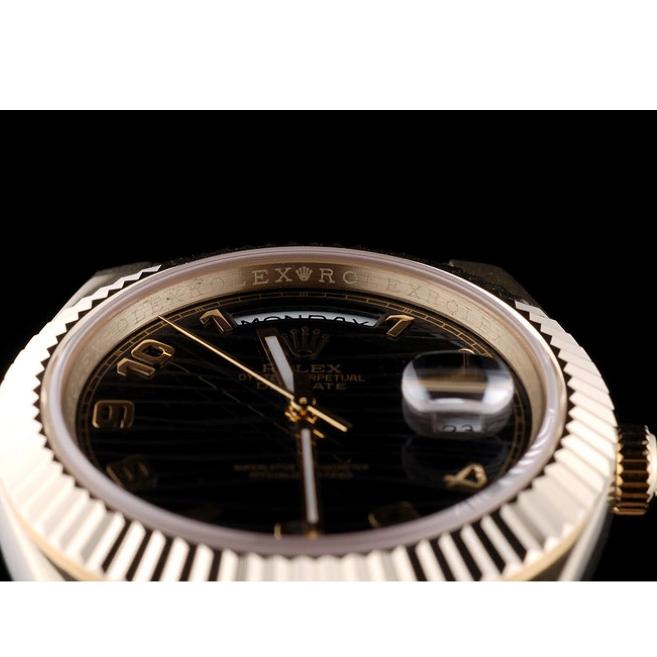 Best AAA Replica Sites DayDate Gold Swiss Bezel 41998 Rolex Steel Black Ribbed Dial Stainless 0717